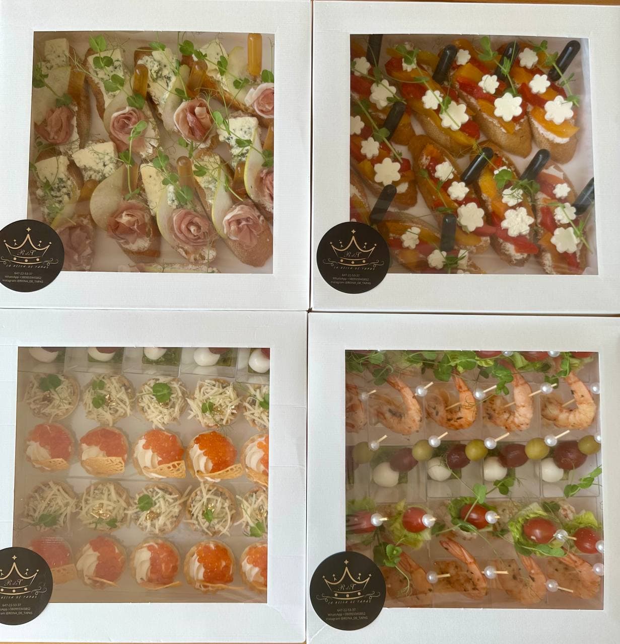 Business & Beauty Box (four boxes, 70 snacks) — Gourmet tapas catering delivery in Alicante | Reina de Tapas